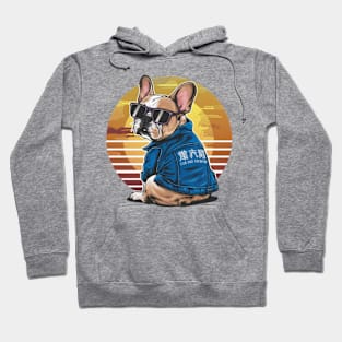 A vibrant vector illustration of a French Bulldog wearing sunglasses and a blue jean jacket, embodying a carefree Hoodie